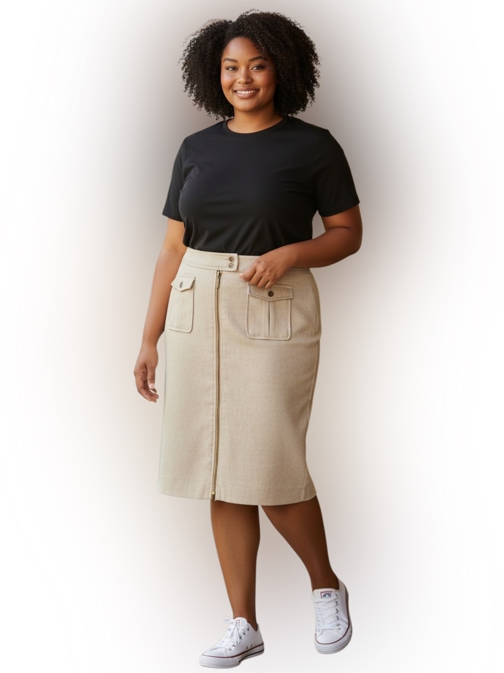 The Limited Beige Midi Pencil Skirt with Front Zip & Patch Pockets Size 14